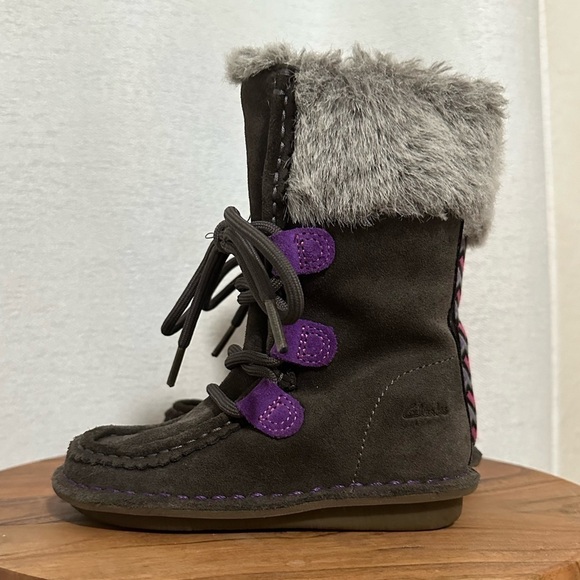 Clarks Girls Snugglewall Tall Suede Zip Lace Up Faux Fur Warm Winter Boots Sz 7 - Picture 8 of 11